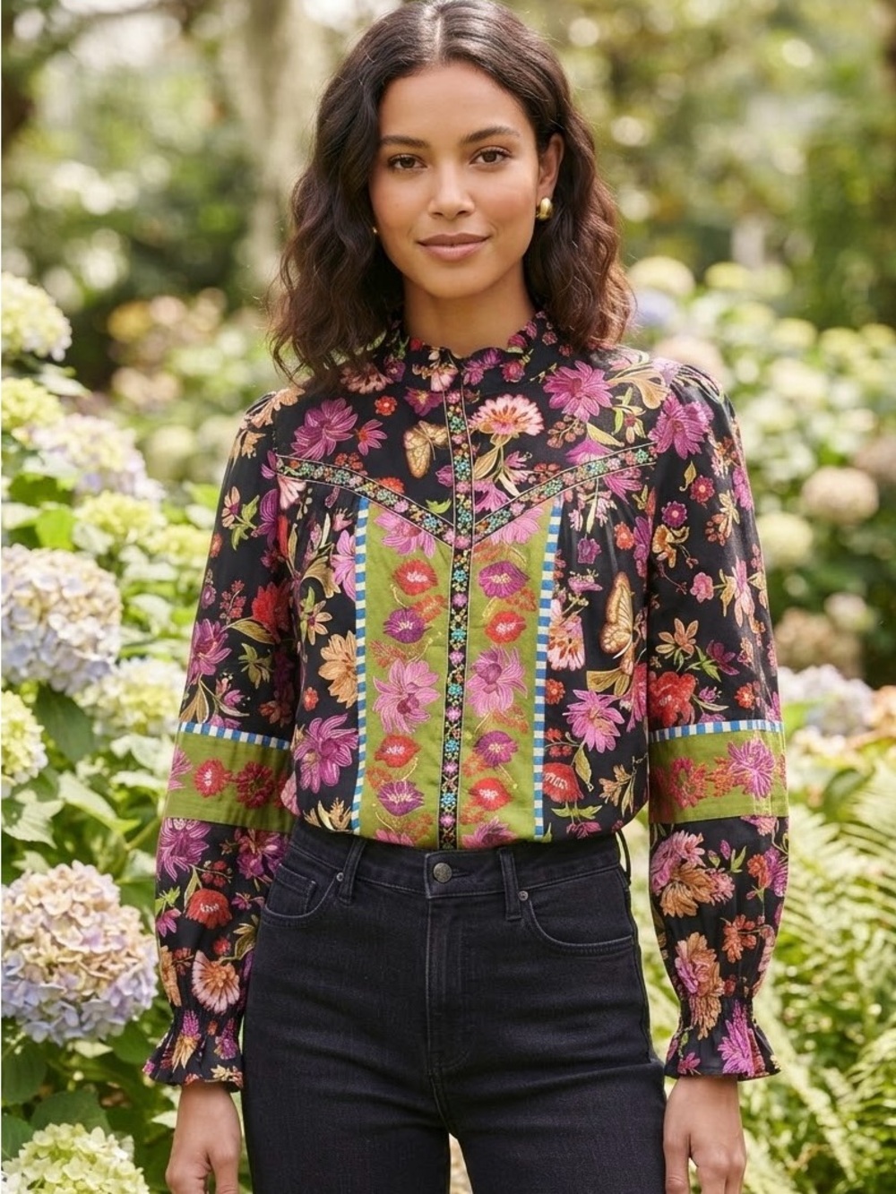 Floral Panel Button-Front Long-Sleeve Blouse in Black and Pink